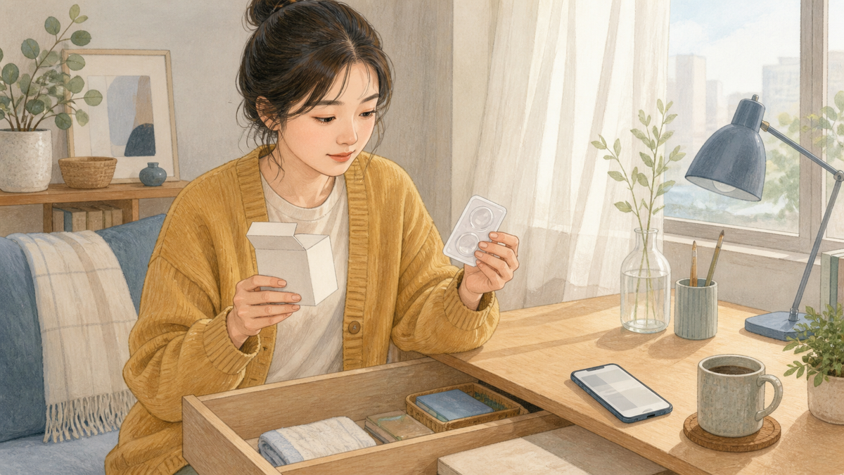 집 책상에서 예전 렌즈 포장과 빈 블리스터를 살펴보는 모습
