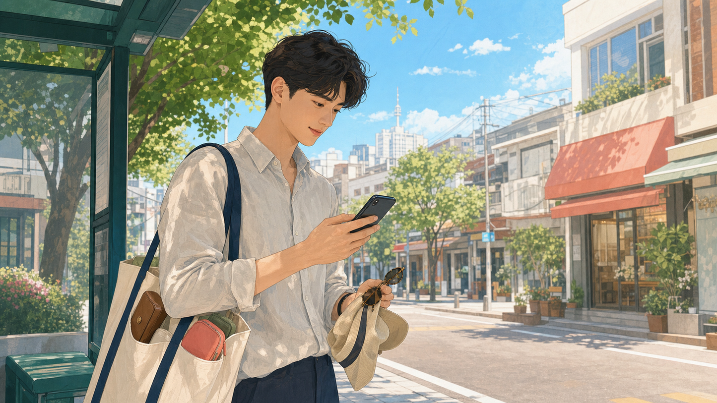 햇빛 강한 외출 전 선글라스와 원데이 렌즈 정보를 함께 확인하는 모습