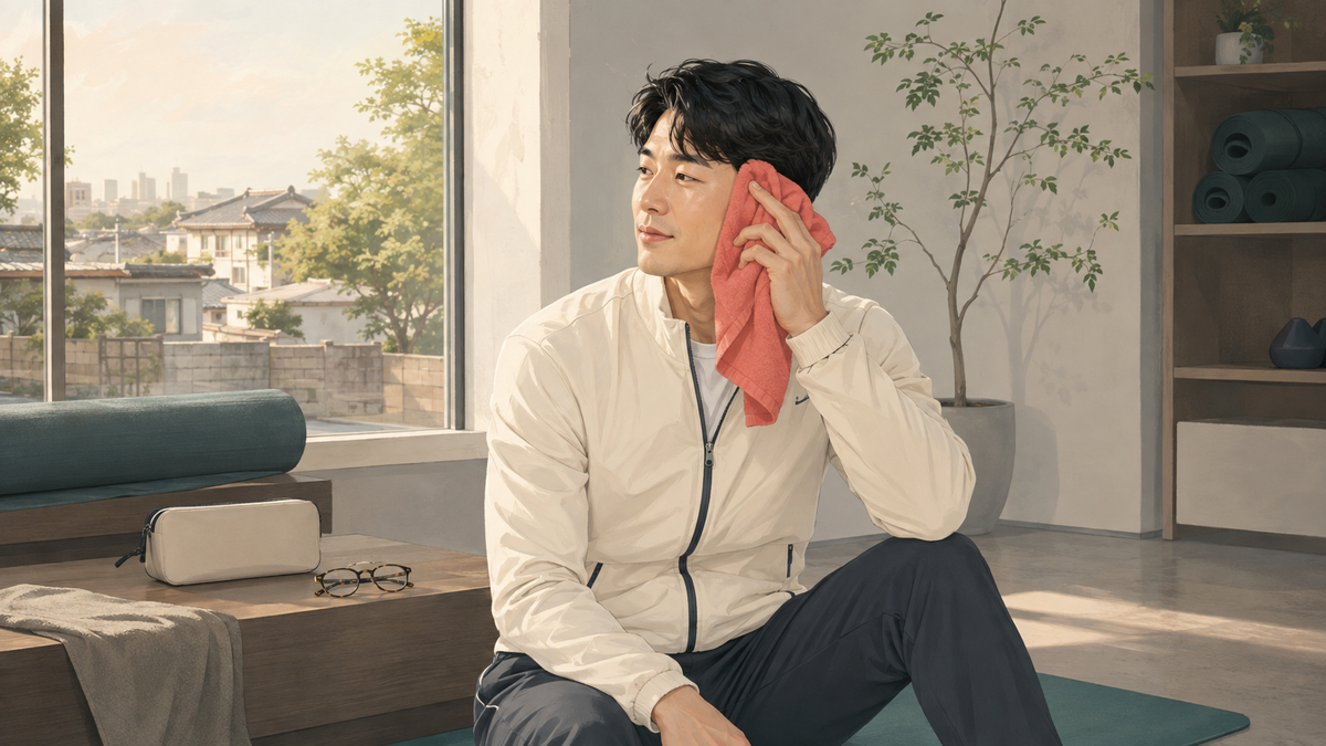 운동 후 땀이 들어간 렌즈 착용 상태를 잠시 점검하는 생활 장면